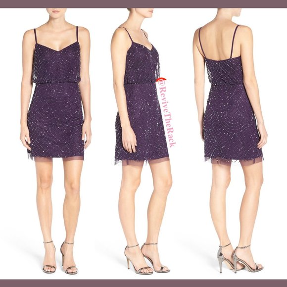 NEW Adrianna Papell Sequin Mesh Blouson Dress in Amethyst Purple [SZ‎ 10 ] - Picture 2 of 6